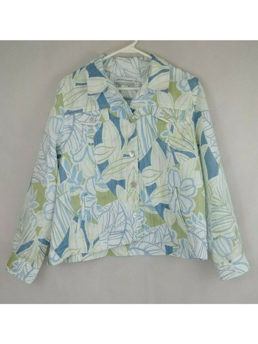 Alfred Dunner Petite White Button Up Jacket W/ Blue & Green Floral Design Sz 14P